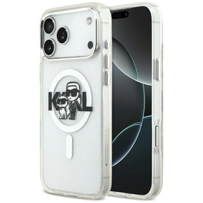 Karl Lagerfeld IML Glitter Karl & Choupette Sketch Logo MagSafe Case für iPhone 17 Pro Max – Transparent