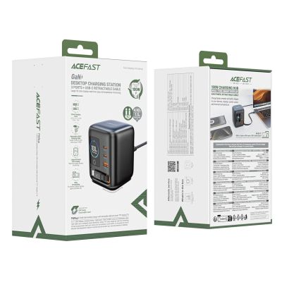 5. Acefast Z10 GaN 100W 3xUSB Desktop-Ladegerät mit einziehbarem USB-C-Kabel und TFT-Display – Schwarz