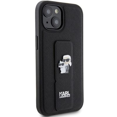4. Karl Lagerfeld Gripstand Saffiano Karl&Choupette Pins Hülle für iPhone 15 Plus / 14 Plus – Schwarz