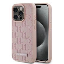Karl Lagerfeld Leder-Monogramm-Metall-Logo-Hülle für iPhone 15 Pro Max – Rosa