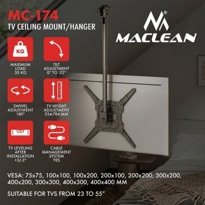 15. MACLEAN Deckenhalterung für Fernseher, max. Traglast 35 kg, 23–55 Zoll, max. VESA 400 x 400, MC-174