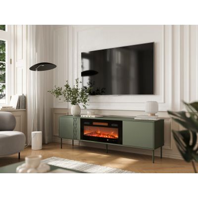 7. EF TV-Schrank + schwarzer TRESSE Kamin 180x40x54,5 mattgrün