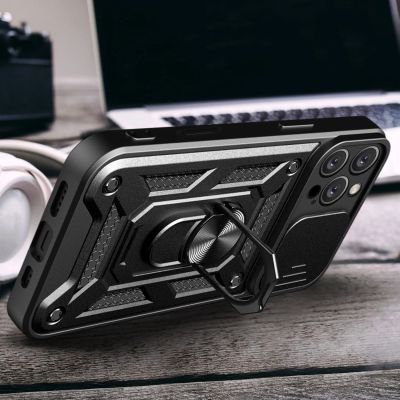 6. Hybrid Armor Camshield Panzerhülle für iPhone 16 Pro Max mit Kameraabdeckung und Ständer – Schwarz
