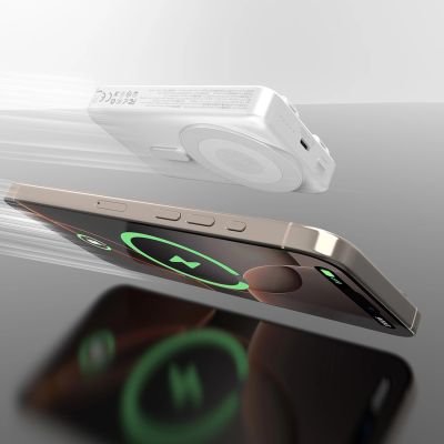 3. Dudao K29 10000 mAh PD 20 W MagSafe Powerbank mit Metallgehäuse, Ständer und integrierten USB-C/ Lightning Kabeln - Silber