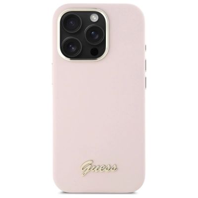 3. Guess Silikon Script Metal Logo & Frame Hülle für iPhone 16 Pro Max – Rosa