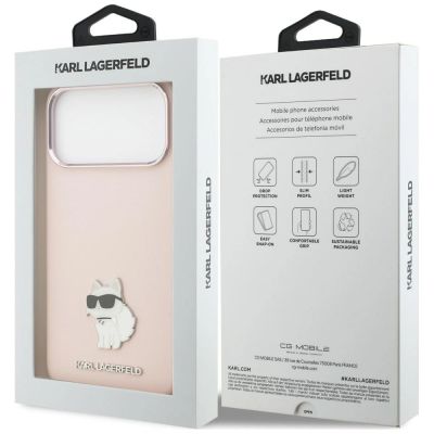 8. Karl Lagerfeld Silicone Choupette Metal Pin Hülle für iPhone 18 Pro Max / 17 Pro Max – Rosa