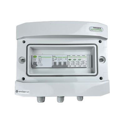 Hermetische IP65 EMITER-Wechselstromanschlussverteileranlage mit Überspannungsableiter Noark Typ 1+2, 10 A 3-F, FI-Schutzschalter Typ A 40 A/300 mA