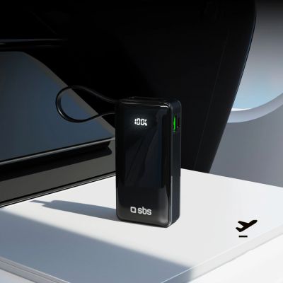 13. Powerbank SBS 10000 mAh 20W mit integriertem USB-C-Kabel und Digitalanzeige - schwarz