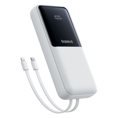 Baseus Lipow 20000mAh 22,5W Powerbank mit zwei integrierten Kabeln und zusätzlichem Baseus Simple USB-A-auf-USB-C-Kabel (3A, 20 cm) – weiß