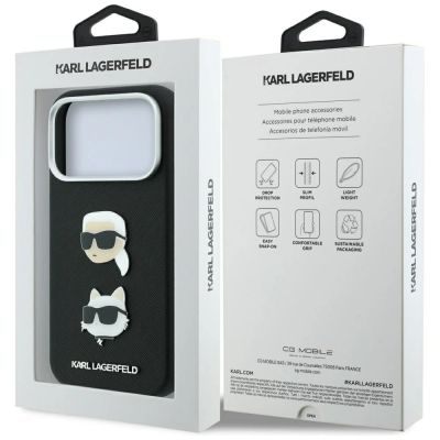 8. Karl Lagerfeld Saffiano Hülle mit Karl & Choupette Köpfen Pins & Logo für iPhone 18 Pro Max / 17 Pro Max - Schwarz