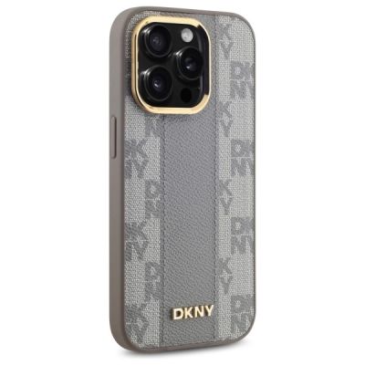 4. DKNY Leather Checkered Mono Pattern MagSafe-Hülle für iPhone 14 Pro – Beige