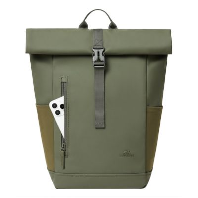 8. Rivacase Eden Rucksack Reiserucksack Olivgrünes gewachstes Leder (Pull-Up), Polyester, recyceltes Polyethylenterephthalat (rPET)