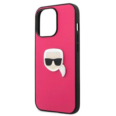 6. Karl Lagerfeld Leder Ikonik Karl's Head Metallhülle für iPhone 13 Pro / 13 6.1" - Rosa