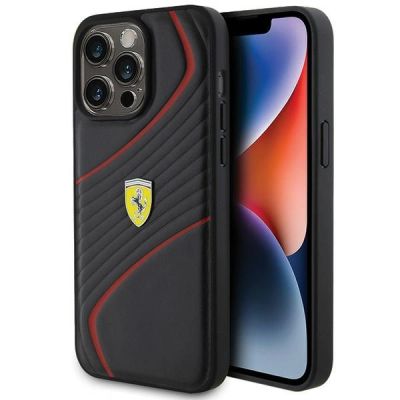 Ferrari Twist Metall-Logo-Hülle für iPhone 15 Pro Max – Schwarz