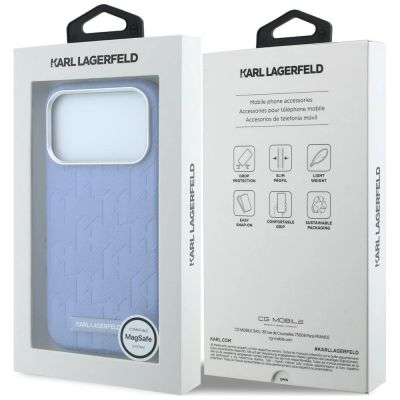 8. Karl Lagerfeld MagSafe Hülle mit Logo aus genarbtem Monoharz für iPhone 17 Pro / 18 Pro – Hellblau