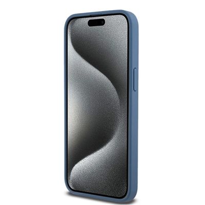 5. DKNY MagSafe-Hülle aus Leder mit Monogrammmuster und Metalllogo für iPhone 15 Pro Max – Blau