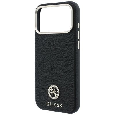 6. Guess MagSafe Hülle mit genarbtem, rundem Strass-Logo für iPhone 18 Pro Max / 17 Pro Max – Schwarz