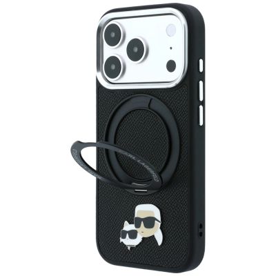 2. Karl Lagerfeld mit Ringständer 360° Karl & Choupette Köpfe Pin MagSafe Hülle für iPhone 18 Pro / 17 Pro - Schwarz