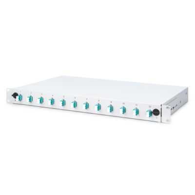15. FO-Patchpanel mit Ausstattung 19 Zoll 1 HE, 12x LC DX, OM3, Anschlusskabel, Adapter, Einschubfächer, verschiebbar, grau