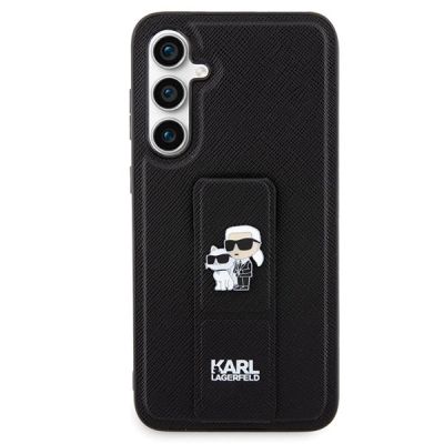 3. Karl Lagerfeld Gripstand Saffiano Karl&Choupette Pins Hülle für Samsung Galaxy S23 FE – Schwarz