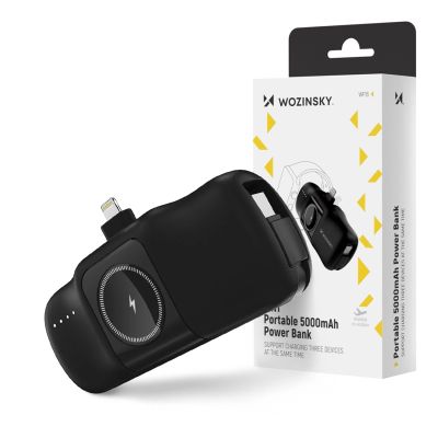 13. Wozinsky WF16-YLS 5000 mAh 15 W Lightning Mini-Powerbank mit integriertem USB-C-Kabel und Apple Watch Ladegerät – Schwarz