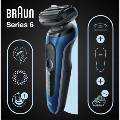 3. Braun Series 6 61-B4500cs – Folienrasierer – Blau – Tasten – LED – Laden – Ein/Aus – Netz-/Akkubetrieb