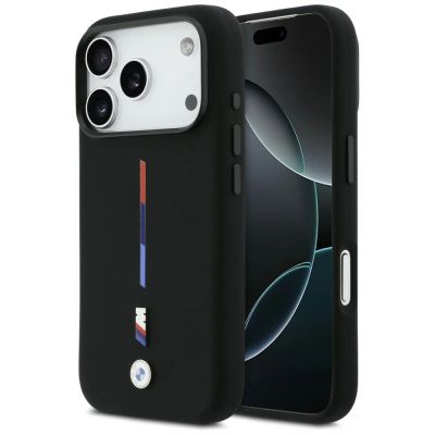 BMW M Silikon-MagSafe-Hülle mit dreifarbiger Linie für iPhone 17 Pro – Schwarz