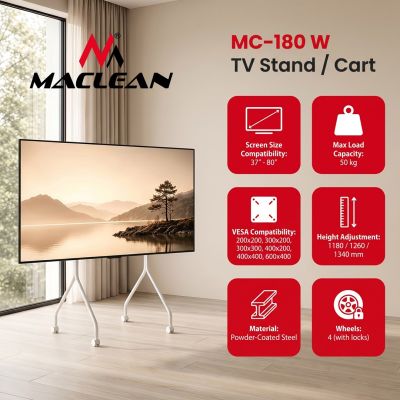 7. MACLEAN TV-STÄNDER / -WAGEN FÜR MACLEAN FERNSEHER, AUF ROLLEN, 37-80", MAX. BELASTUNG 50 kg, MAX. VESA 600 x 400, WEISS, MC-180