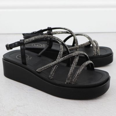 5. Damen-Keilsandalen im römischen Stil mit Zirkonia, schwarz, Filippo DS6898