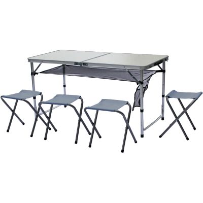 28. Klappbarer Campingtisch 120x60x70/62/55cm, 4 Stühle und Ablage