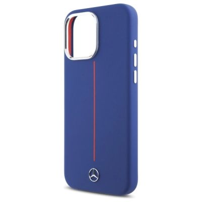 6. Mercedes Silikonhülle mit rotem Streifen und MagSafe-Funktion für iPhone 16 Pro Max – Marineblau