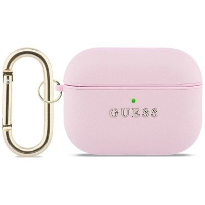 Guess AirPods Pro 3 Hülle mit klassischem Logo und natürlicher Maserung – Pink