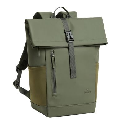 25. Rivacase Eden Rucksack Reiserucksack Olivgrünes gewachstes Leder (Pull-Up), Polyester, recyceltes Polyethylenterephthalat (rPET)
