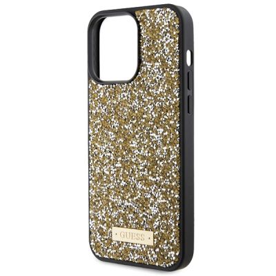6. Guess Rhinestone Metal Logo Hülle für iPhone 15 Pro Max – Gelb