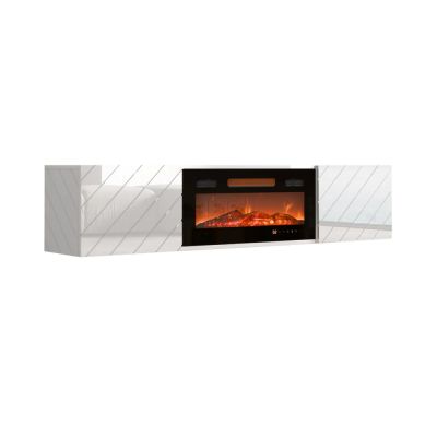 5. TV-Schrank LUXE 182,6 x 34,5 x 37,5 cm, weiß/weiß glänzend + schwarzer Kamin