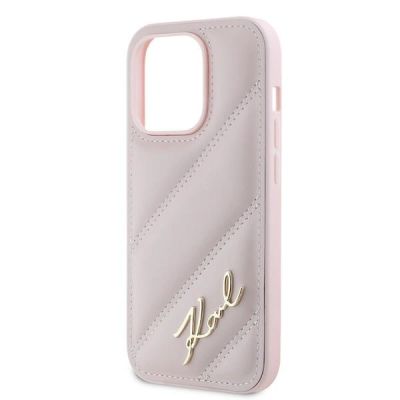 6. Karl Lagerfeld Diagonal Quilted Script Hülle für iPhone 14 Pro – Rosa