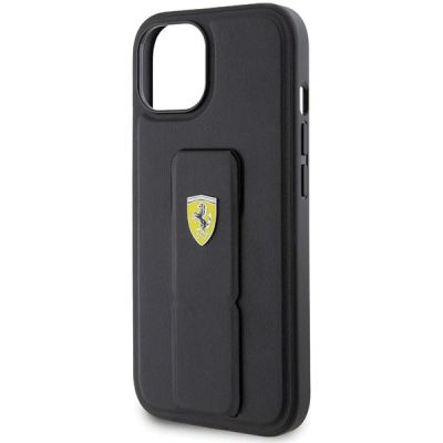 6. Ferrari Grip Stand Metall-Logo-Hülle für iPhone 15 – Schwarz