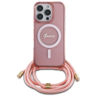 2. Guess Crossbody Cord Script MagSafe-Hülle für iPhone 16 Pro – Rosa