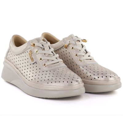 4. Damen-Keilschuhe aus Leder mit durchbrochenem Muster, Gold, Vinceza 79603