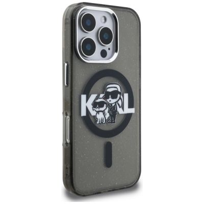 4. Karl Lagerfeld IML Glitter Karl & Choupette Sketch Logo MagSafe Hülle für iPhone 16 Pro - Schwarz