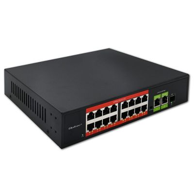 Qoltec SWITCH Fast Ethernet PoE Netzwerk-Switch | 16x RJ45 10/100 Mbit/s | 2x RJ45 Uplink 1000 Mbit/s | 1x SFP 1000 Mbit/s