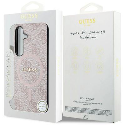 8. Guess 4G Collection Leder Metall Logo MagSafe Hülle für Samsung Galaxy S24 – Pink