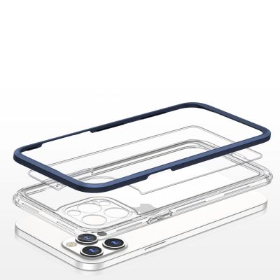 5. Klare 3-in-1-Hülle für iPhone 12 Pro, blauer Rahmen, Gel-Cover