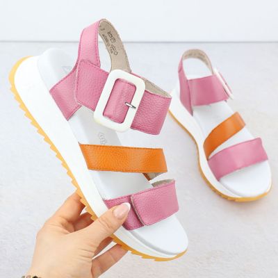 Rieker W2950-31 Damen-Sandalen aus rosa Leder mit hohem Absatz