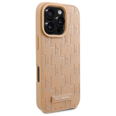 4. Karl Lagerfeld Leder-Monogramm-Metalllogo-MagSafe-Hülle für iPhone 16 Pro – Beige