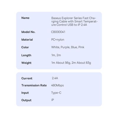 21. Baseus Explorer Series Kabel USB - Lightning 2,4A 2 m weiß (CATS010102)