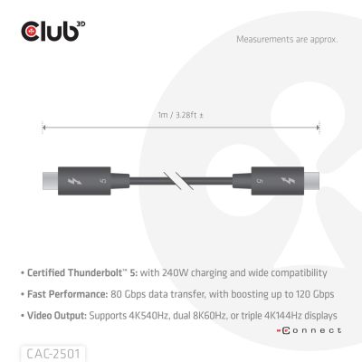 5. CLUB3D CAC-2501 Thunderbolt-Kabel 1 m 120 Gbit/s Schwarz