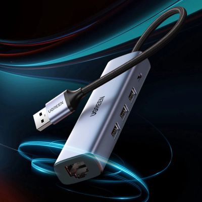 15. Ugreen Multifunktionsadapter HUB USB 3.0 - 3 x USB / Ethernet RJ-45 / USB Typ C PD grau (CM475)
