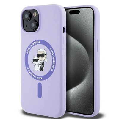 Karl Lagerfeld Silikon Karl&Choupette Heads Ring MagSafe Hülle für iPhone 15 – Lila