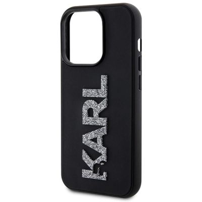 6. Karl Lagerfeld 3D-Gummi-Glitzer-Logo iPhone 15 Pro Hülle - Schwarz